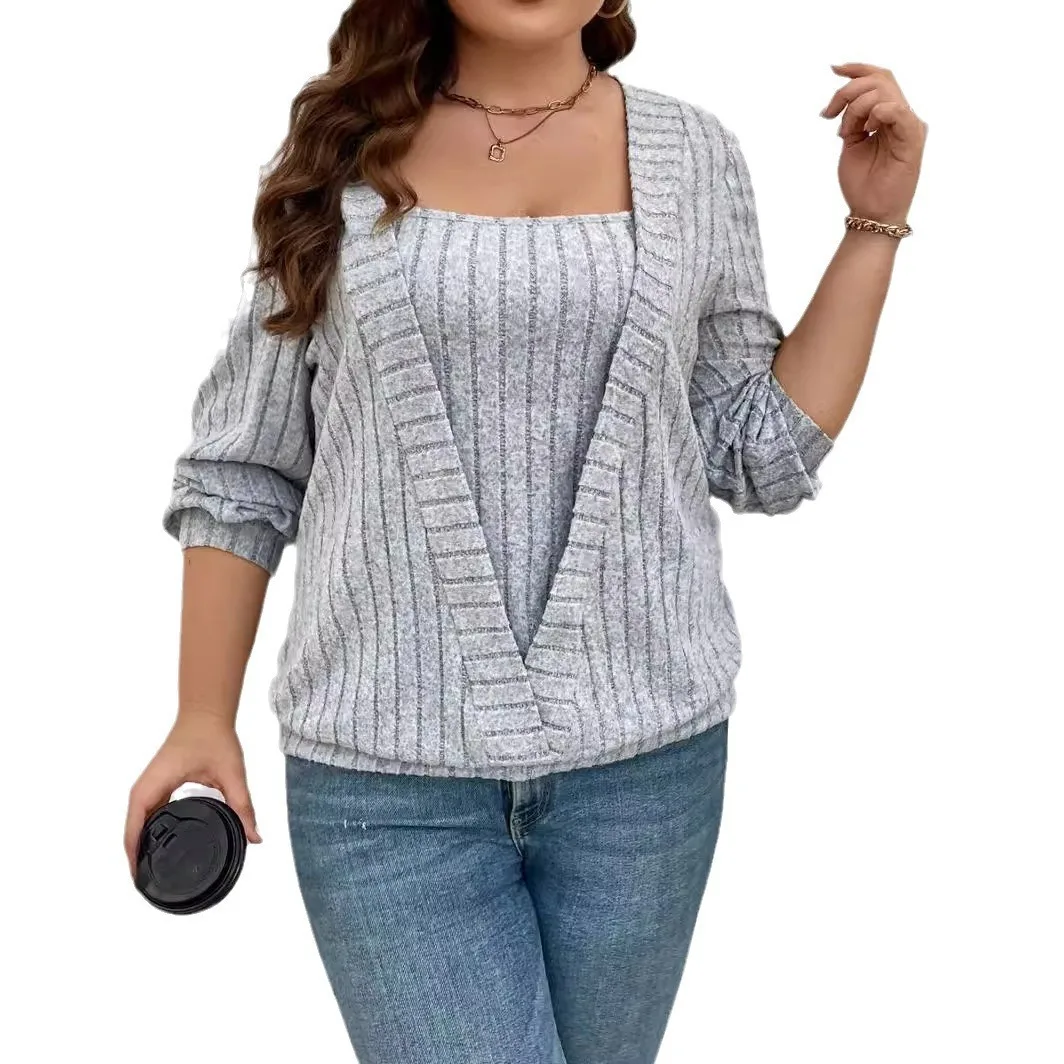 S-2XL Autumn and winter knitted striped sweaters European and American V-neck tops Long sleeved top