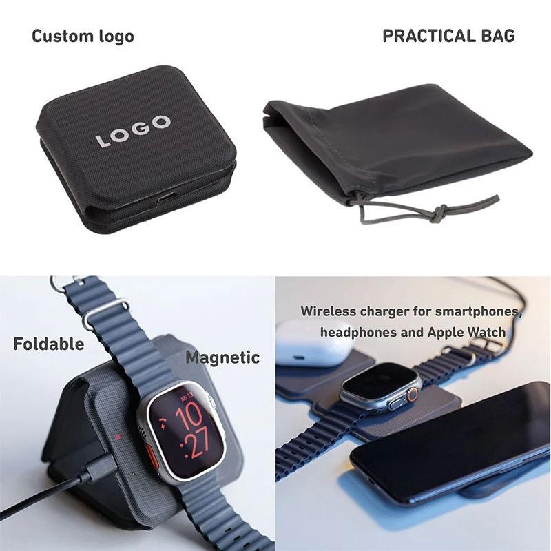Leather Magnetic Foldable Charger Station Cellphone Headphones Smart Watch Fast Travel Charger 3 in 1 foldable wireless charger