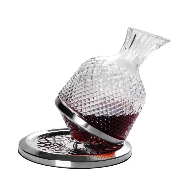 360 Top Spin Wine Decanter with Stainless Steel Bottom Crystal Glass  Decanter Set for Bar Custom Packing