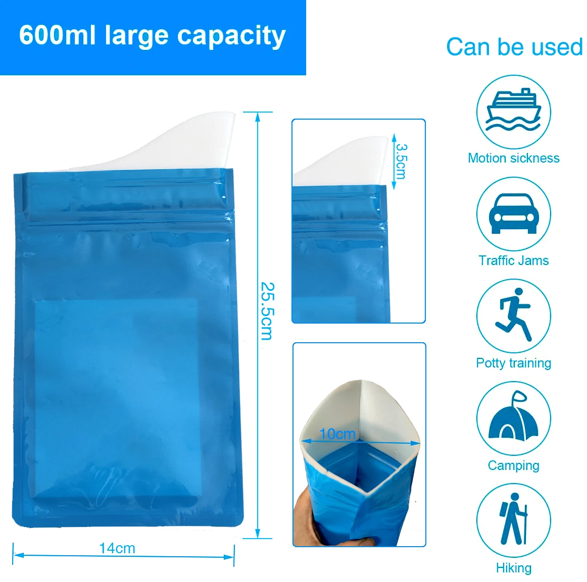 Custom 600cc 800cc Luxury Car Camping Travel Disposable Portable Emergency Male / Female Urine PEE Bag