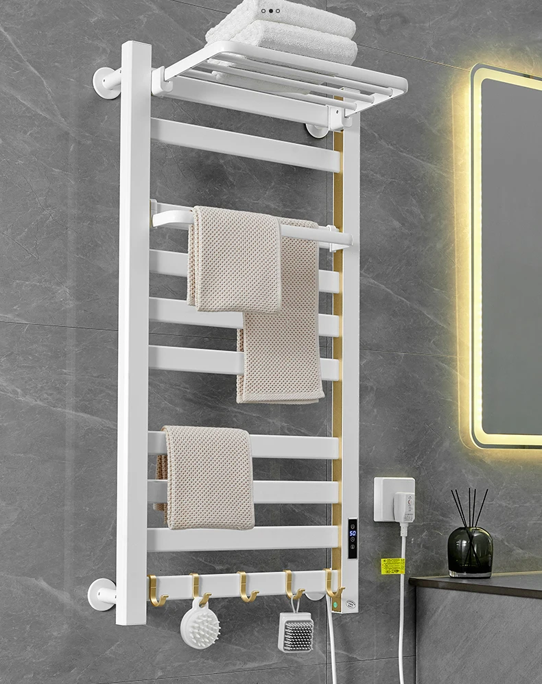 Aluminum Wall Mount Bathroom Electric Heated Towel Warmer Rack with Top Shelf