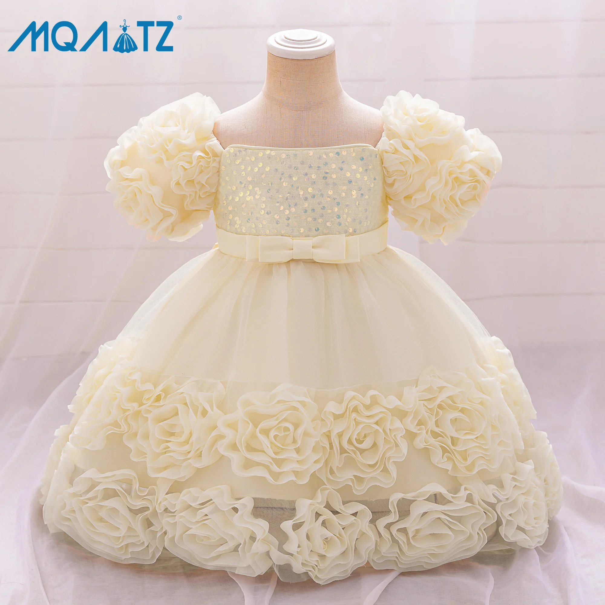 MQATZ  New style girls appliqued princess one-year-old dress flower girl dress puff sleeve rose dress L2283XZ