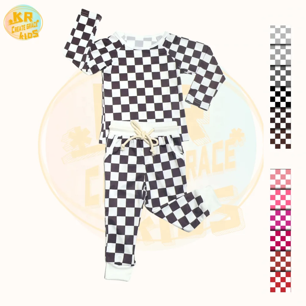 High Quality Black Plaid Bamboo Ribbed Knit Set Baby Toddler Girls Casual Kids Long Sleeve Pajamas Suit Wholesale
