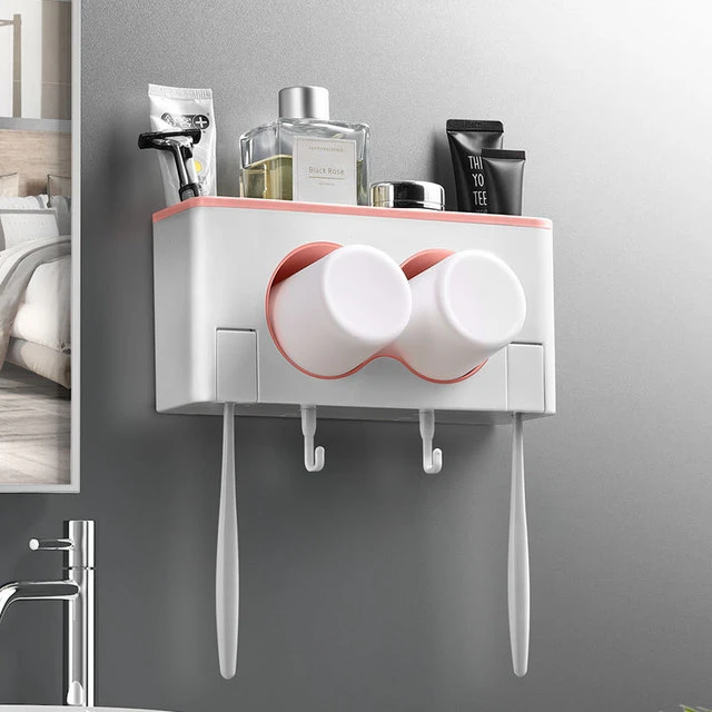 
Bathroom sets Creative couple toothbrush rack adsorption type multifunctional storage toothbrush cup storage container 