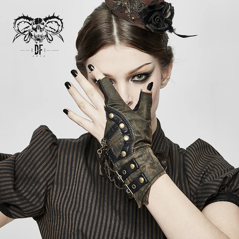 GE014 devil fashion steampunk brown 7-shaped gear decoration nailed sexy women leather gloves