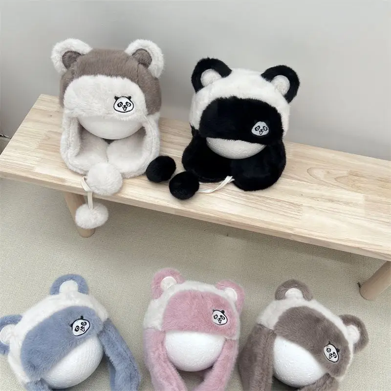 Panda Children Lei Feng Cap Ins Western Cute Mink Fur Earmuffs Hat Boys Girls Soft Glutinous Warm Pullover Cap