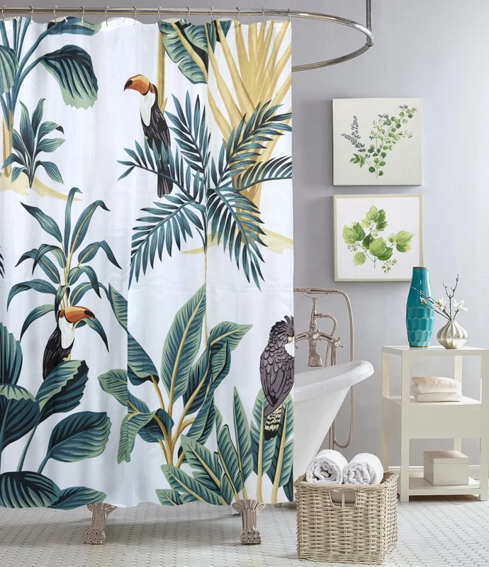 Panel Tropical Leaves Plant Flower Polyester Shower Curtain Three Stage Waterproof Shower Curtains With Hook For Bathroom