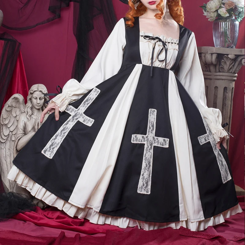 Three puppets lolita dress for women black nun Lace Flower Girl gothic Dress  Party  Lolita Dress