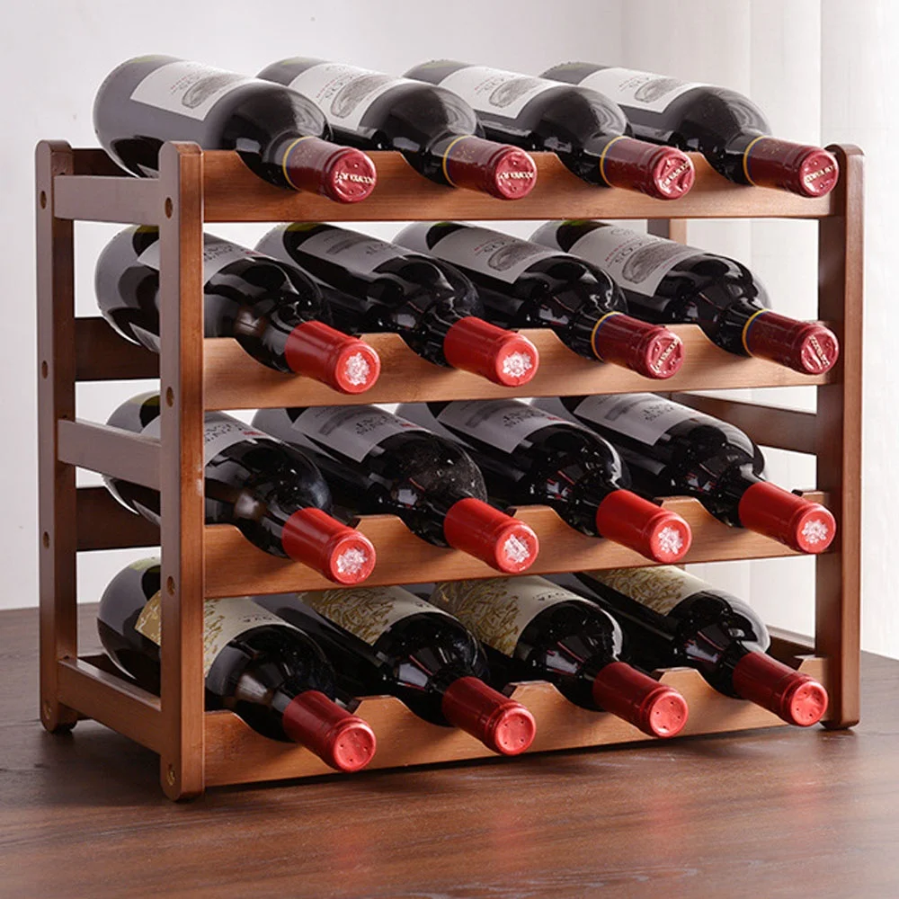 Free standing commercial wood bamboo storage shelf 2 tiers 6 bottle wooden wine racks