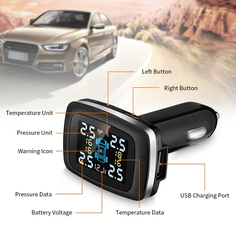 Car TPMS Tire Pressure Monitoring System Sensor USB Port Car Safety Alarm Cigarette Lighter Digital System 4 External Sensors