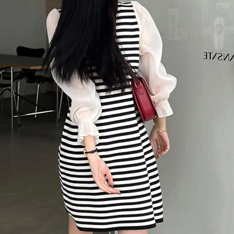 2022 F/W Ladies New Casual Chiffon Dresses Women Lady Elegant Patchwork Contrast Stripe Knit Loose Mid Length One-Piece Dress