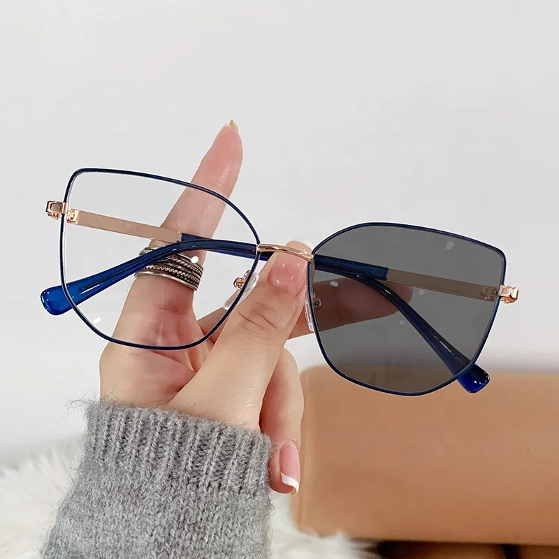 anti blue light photochromic glasses women 2024 cateye hexagon large square silver purple metal photo gray femme female optical