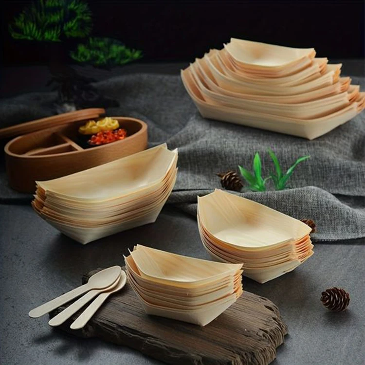 Shende 100% Disposable Appetizer Plates Wooden Leaf Boat For Sushi Salad