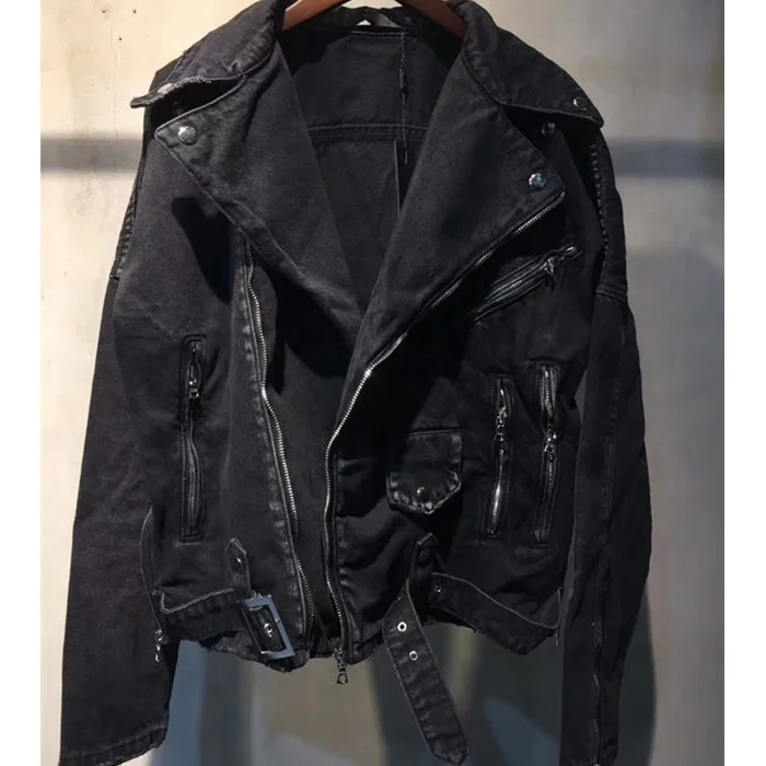 OEM private label men custom stock dropshipping  black biker distressed mens denim jacket