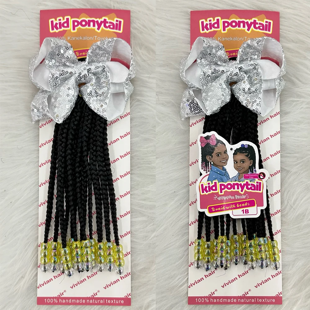 Vivian 10inch box braid ponytails with rainbow beads colorful bow tie Cornrow Braids for kids baby girl fashion hair styles