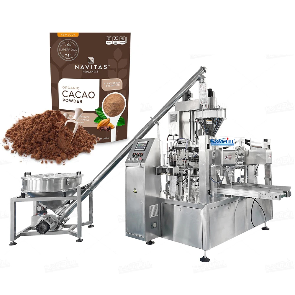 Automatic rotary 200g 500g dried date powder standup pouch premade bag chocolate powder zipper bag doypack packing machine