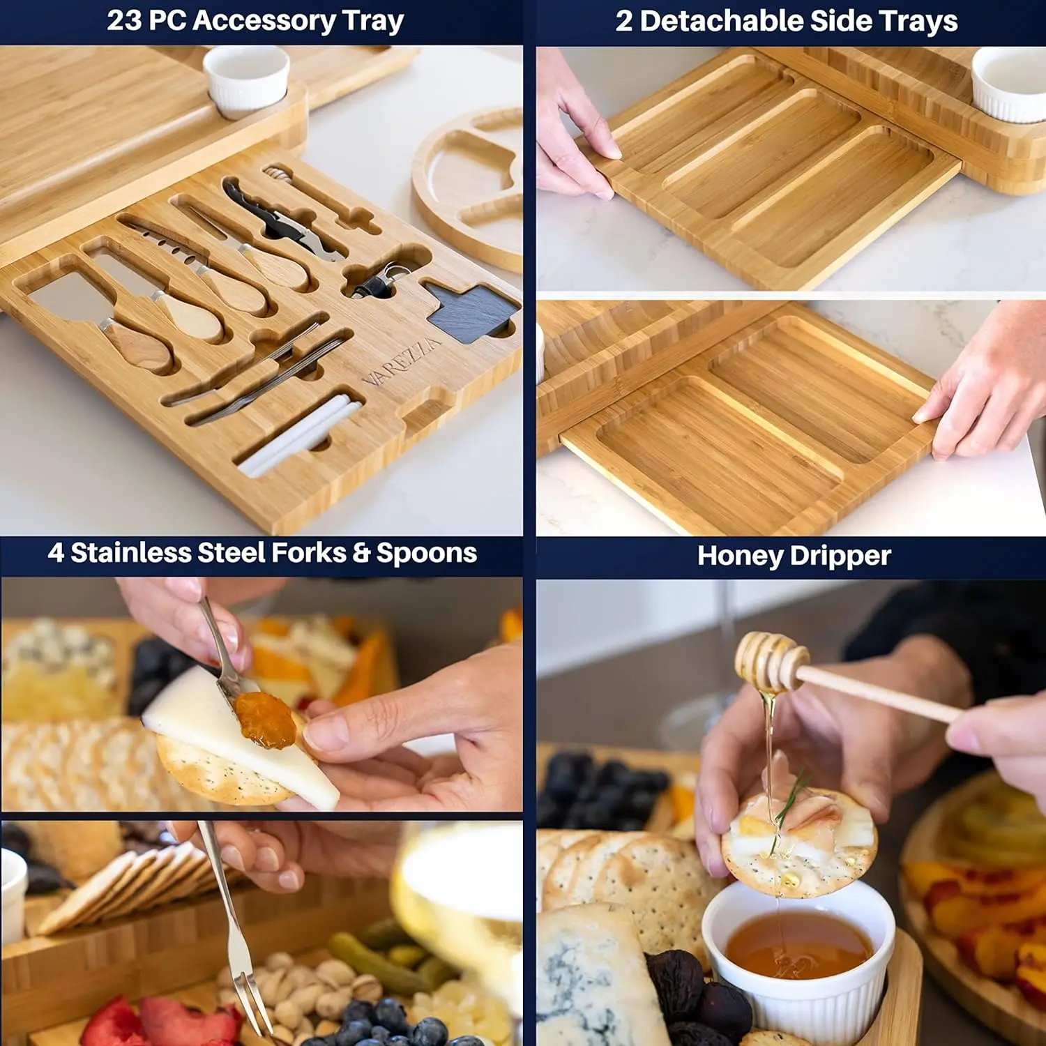 Multi-Functional Cheeseboard Fruit Tray Bamboo Cheese Chees Tables Charcuterie Board Platter Set With Hidden Slide Drawers