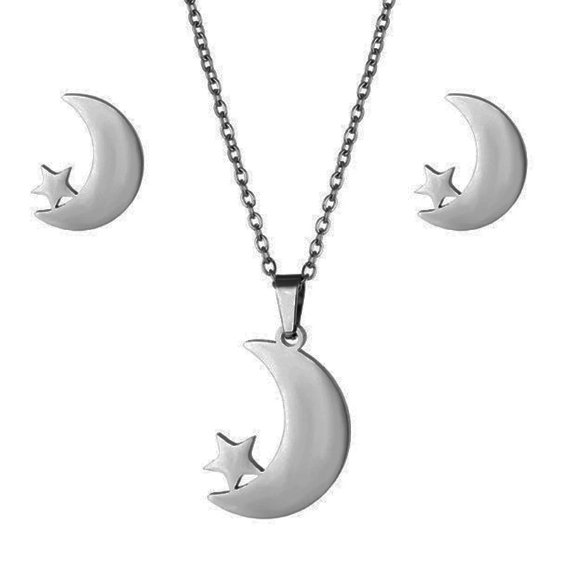 Stainless steel star and moon necklace female South America niche design clavicle chain stud earrings set Jewelry for women men