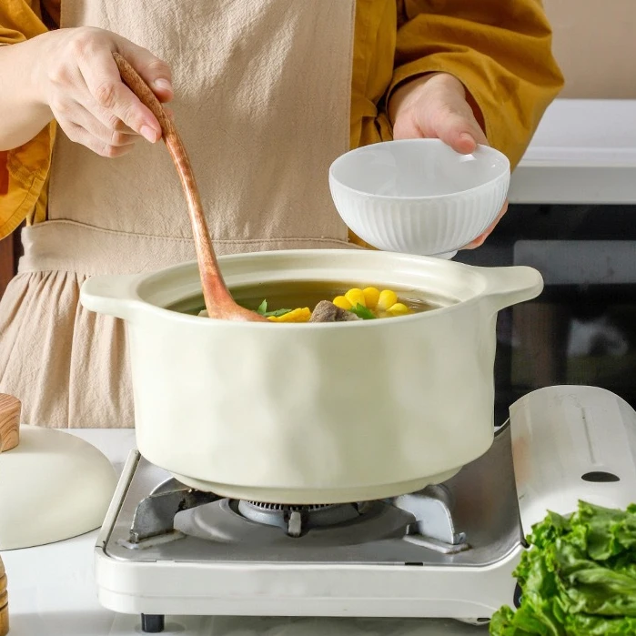 One Piece Dropshipping Nordic Simple Cream Style Ceramic Casserole Household Soup Pot High Temperature Dry Cooking Stew Pot