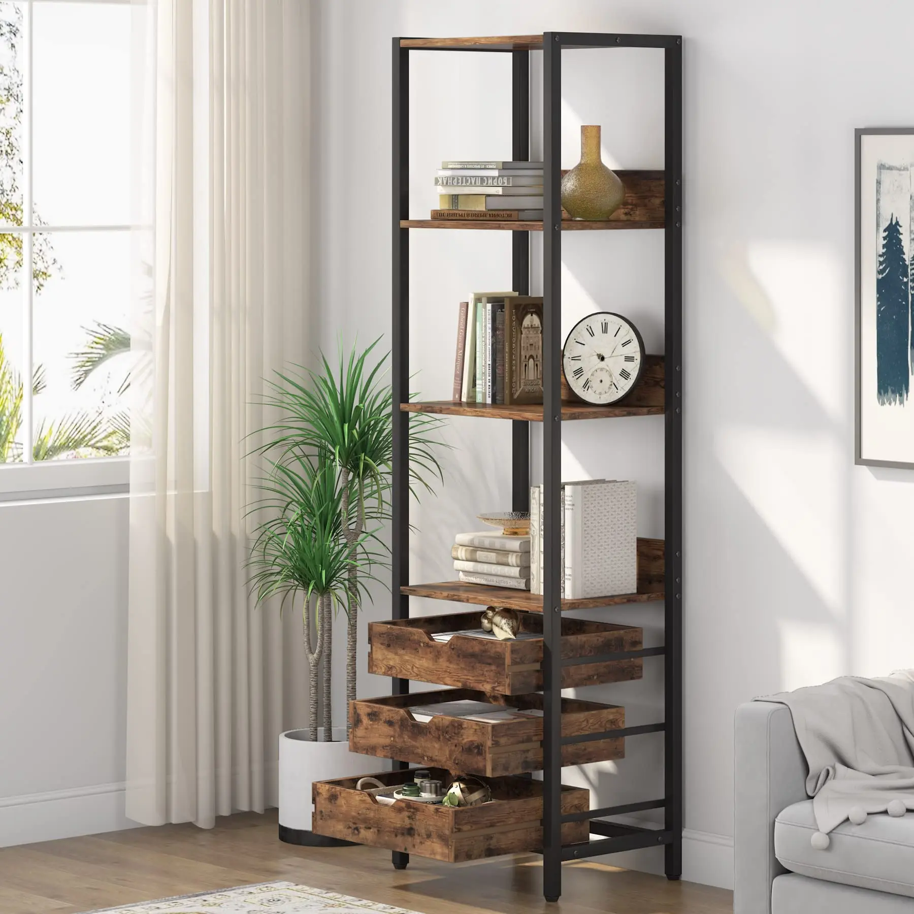 Customized E1 grade Wood Wooden Open Display Storage Industrial Panel Multi-layers 6ft Height Living Room Bookcase bookshelf
