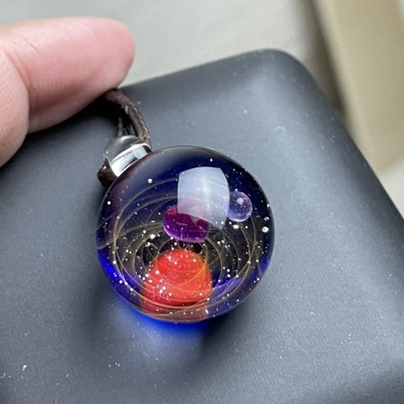 Creative Gifts Glass Crystal Ball Universe Starry Sky Galaxy Necklace Pendant Children Jewelry wooden bead chain