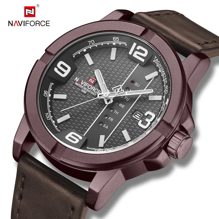 NAVIFORCE 9177 Top Quality Leather Strap Creative Day Calendar Unique Men Watch