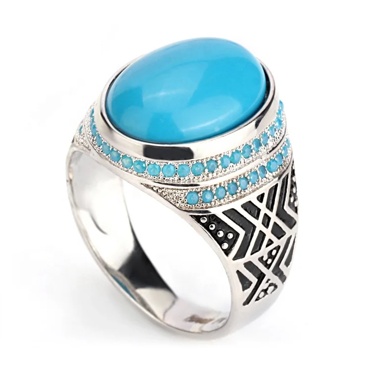Promotion Pure S925 Sterling Silver Blue Turquoise Men Ring,Turkish White Gold Plated Pave Setting Stone Rings for Man Women
