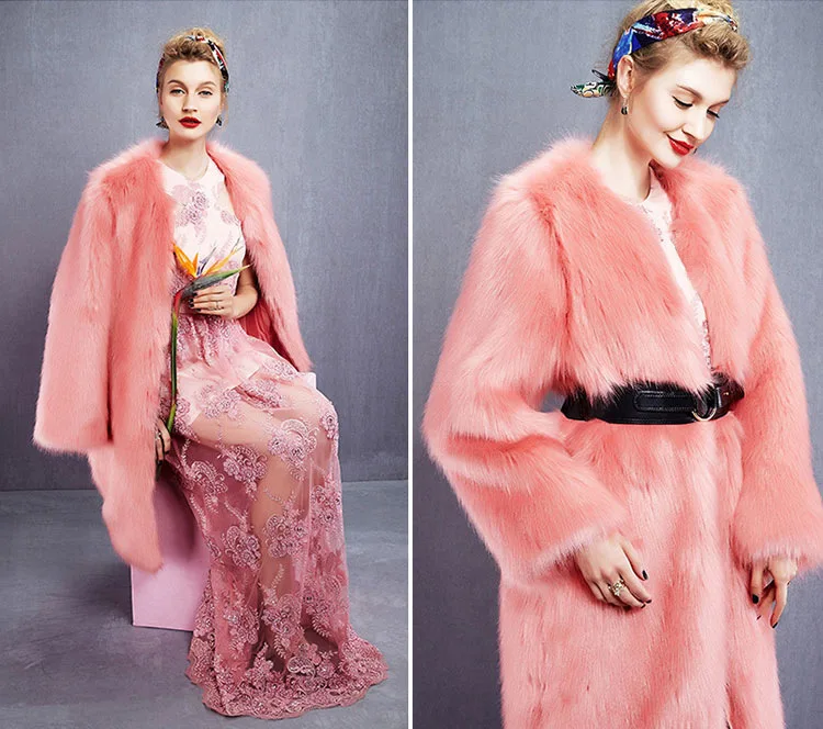 European American Socialites Long Style Coat Fake Fur Women Faux Fox Fur Extended Thick Coat