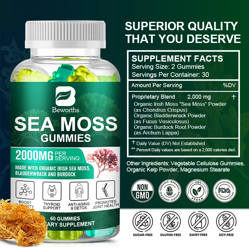 Factory Wholesale 60 Counts Natural Irish Sea Moss and Bladderwrack with Burdock Gummy Organic Sea Moss Gummies