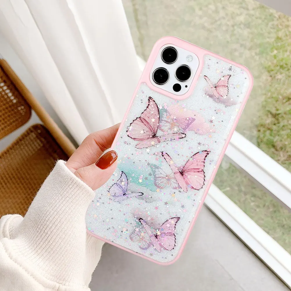 Soft Shockproof Bumper Crystal Acrylic Back Cover For iPhone Max 7 8 Plus 11 12 13 Pro Max Girl Glitter Butterfly Phone Case