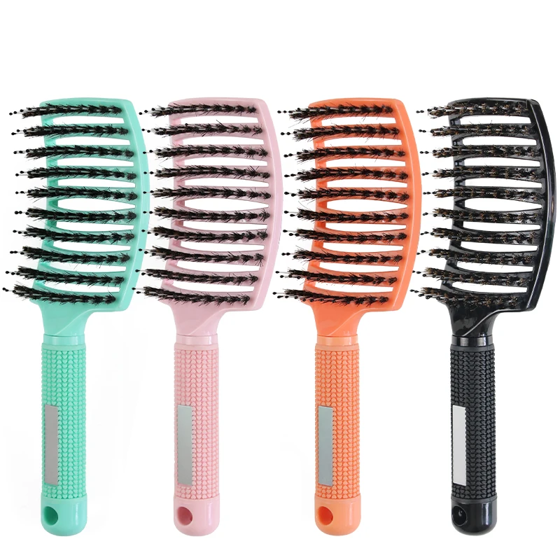 Custom Color Plastic Handle Nylon Boar Bristle Hair Brush Faster Blow Drying Curve Vent Detangle Hair Brush With Logo