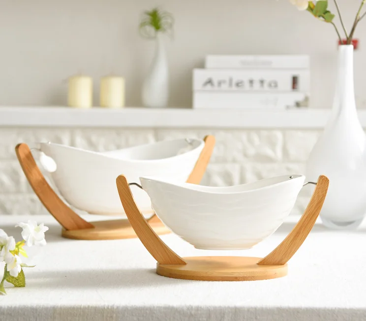 3 Pcs set Relish Tray with White Ceramic Bowl. Server Set with Bamboo Rack