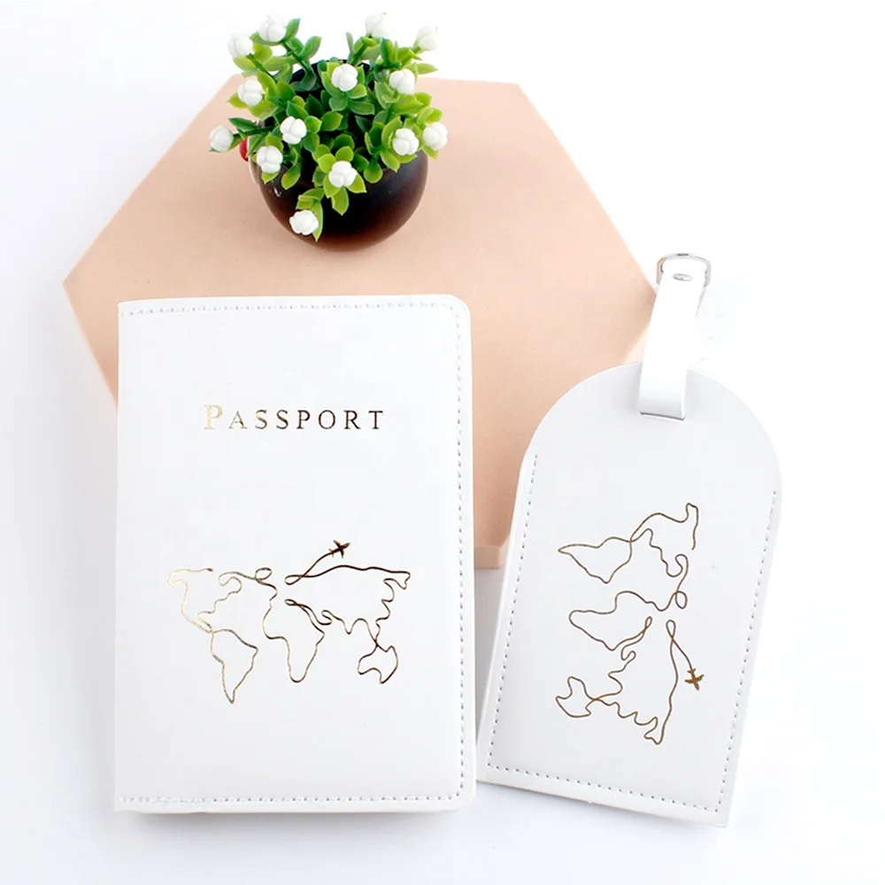 Custom Logo PU Leather Map Passport Holder And Luggage Tag Set Gift Favor for Holiday Wedding Party Guests Souvenir