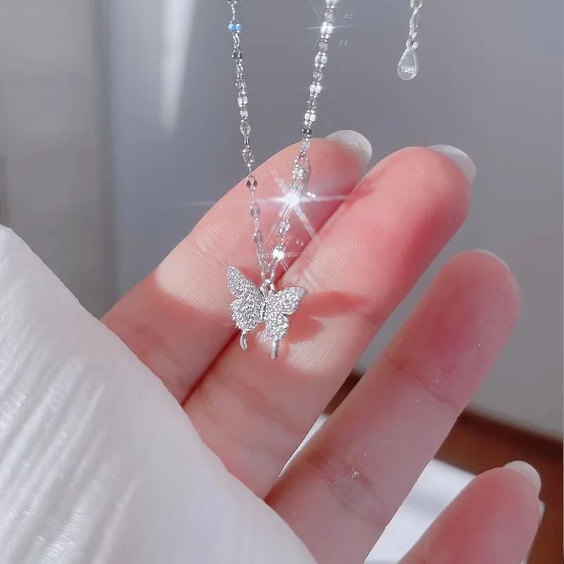 Luxury Pure 925 Sterling silver Shiny CZ Zircon Butterfly Pendant Necklace for Women Girls Jewelry