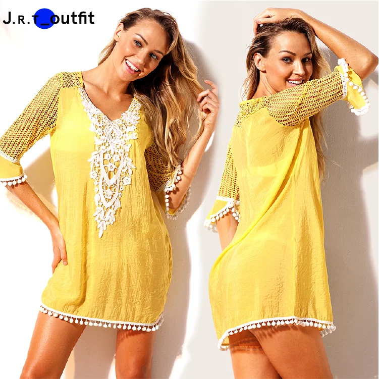 Ladies Solid Color V-neck Half Sleeve Lace Swimwear Sexy Crochet Hollow Summer Beach Dress