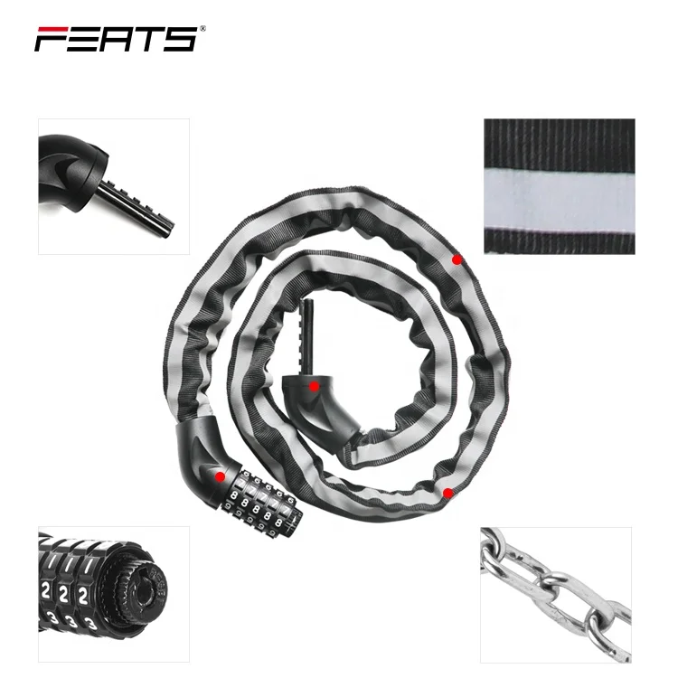 Bike Lock Heavy Duty Security Anti-Theft Bicycle Chain Lock with Reflective Strips with 5digit combination lcok