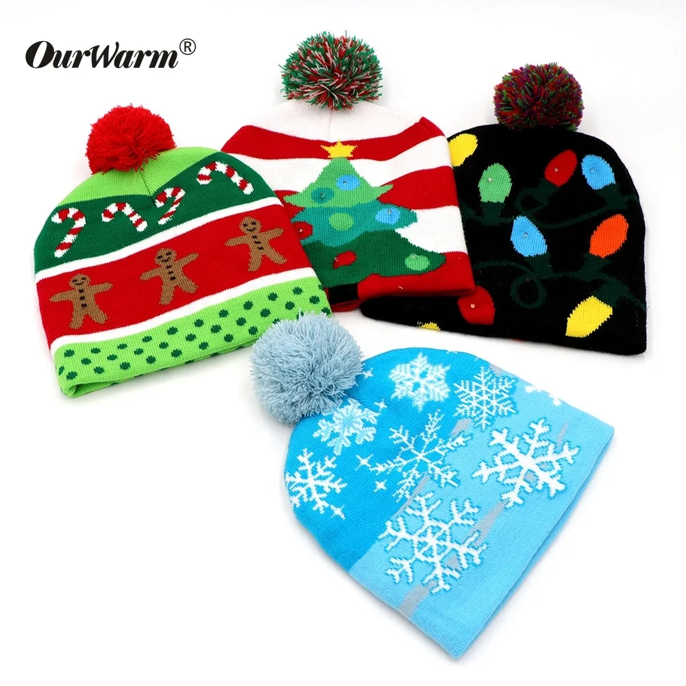 Модная шапка OurWarm со светодиодной подсветкой на заказ, Шапка-бини на Рождество, шапка со светодиодным помпоном для рождественской вечеринки