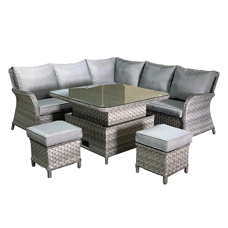 Outdoor Garden Patio Furniture  Rattan Sofa Set With Square Rising/Liftable Table With Ottoman/Stools