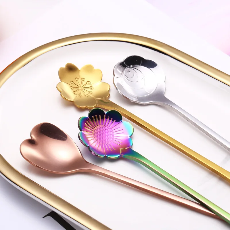 Tea Coffee Mixing Ice Cream Spoon Stainless Steel Flower Shape Long Handle Spoon For Wedding Souvenirs Guests Gifts