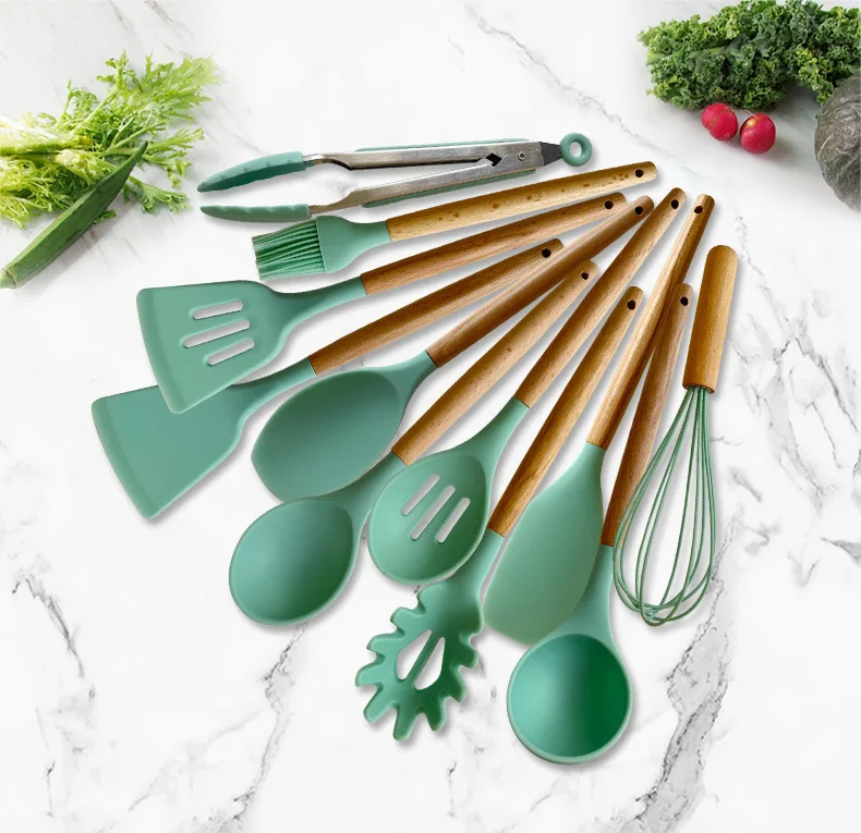 Suppliers Customized Organizer 11 Pieces Cooking Spatula rubber Wooden Handle Silicone Kitchen Utensils Accessories