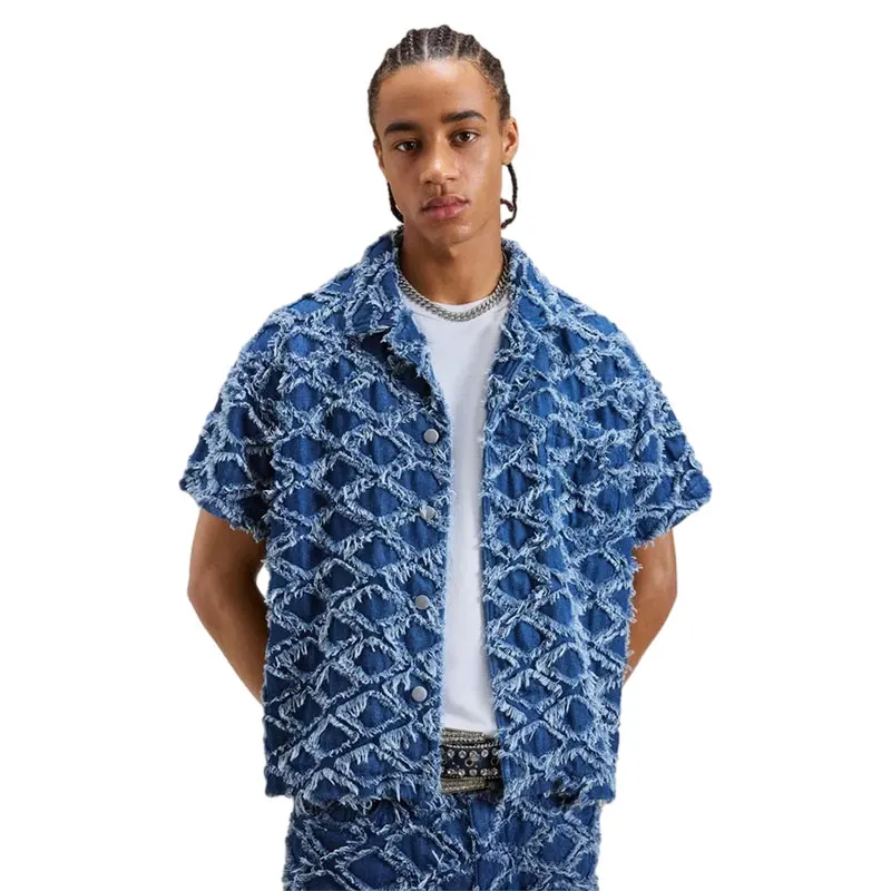 Gingtto Jeans Suit For Men Short Sleeve Denim Jacket And Loose Straight Denim Set