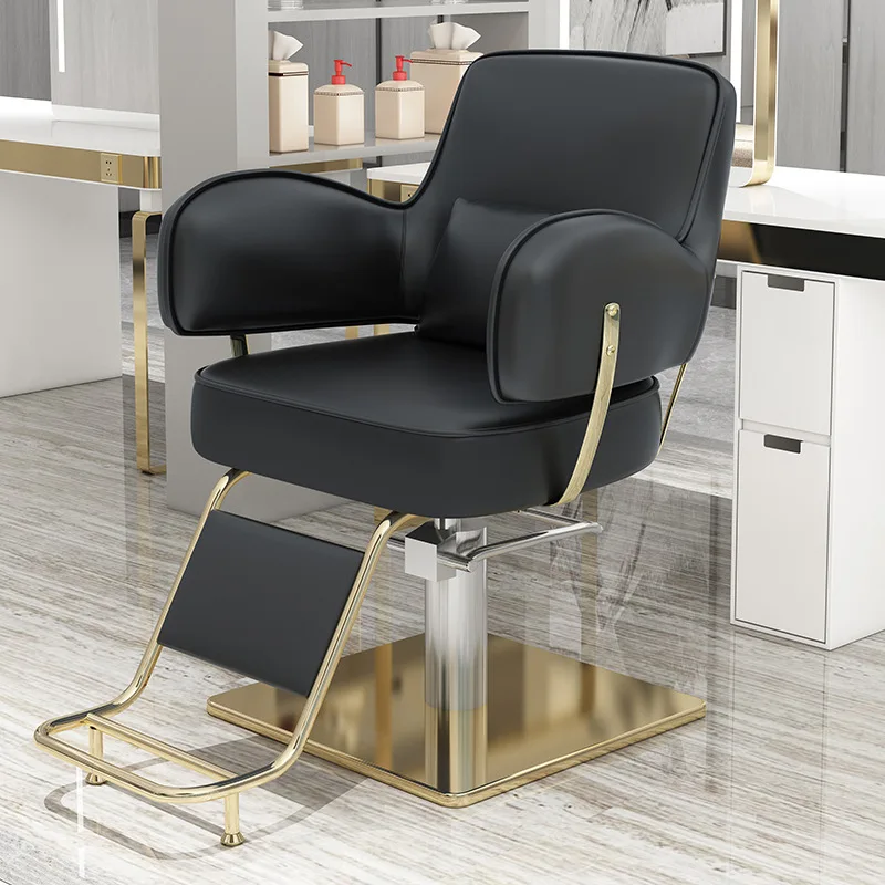 Velvet Fabric Hairdressing Make Up Styling Chair Gold Round Base And Footrest Hair Salon Furniture