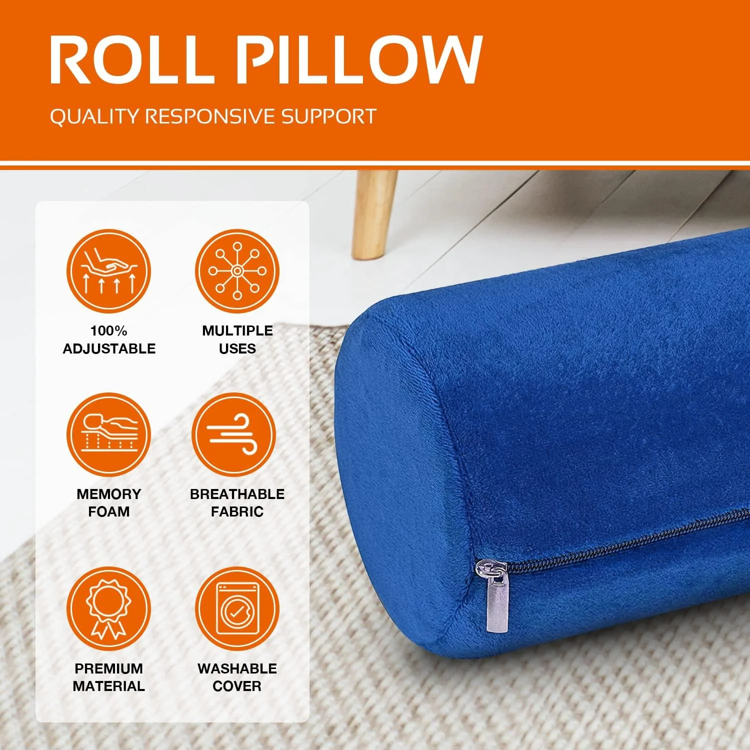 Round Cervical Roll Cylinder Bolster Pillow, Memory Foam Removable Washable Cover, Ergonomically Designed for Head, Neck, Back,