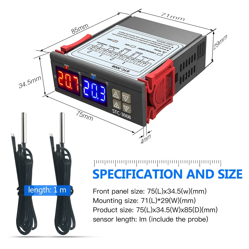  STC-3008 двойной светодиодные цифровые трубки термометр DC 24V регулятор температуры термостат NTC датчик Выход