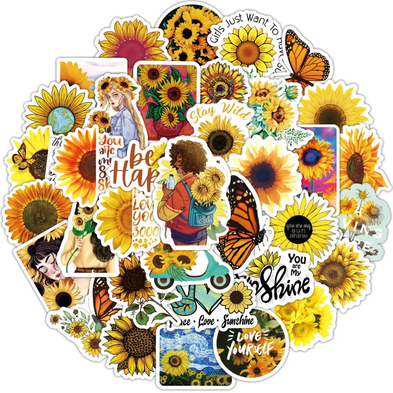 50PCS Summer Plant Beautiful Sunflower Stickers for DIY Stationery Laptop Decal Skateboard Guitar Sun flower Sticker