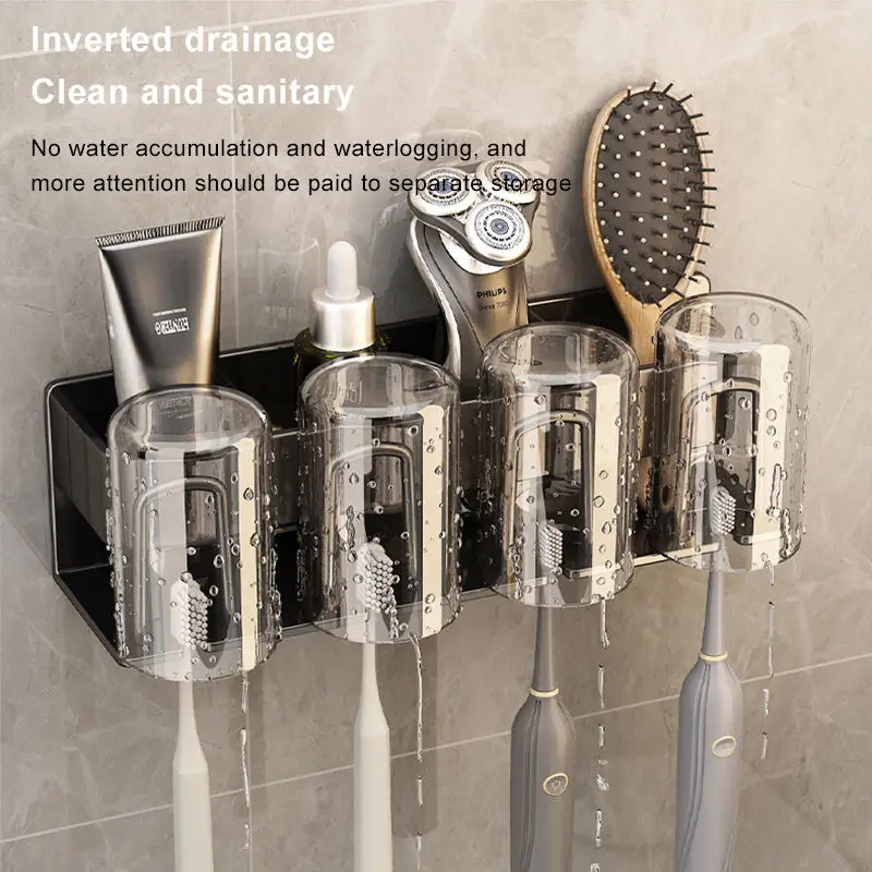 Punch Free Toothbrush Holders Multifunctional Storage Rack For Bathroom Wall Mounted Toothpaste Toothbrush Cup Organizer