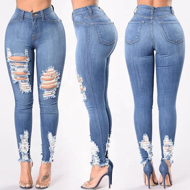 2021 Ripped high waist stretch denim jeans women spandex jeans women skinny jeans women stretch