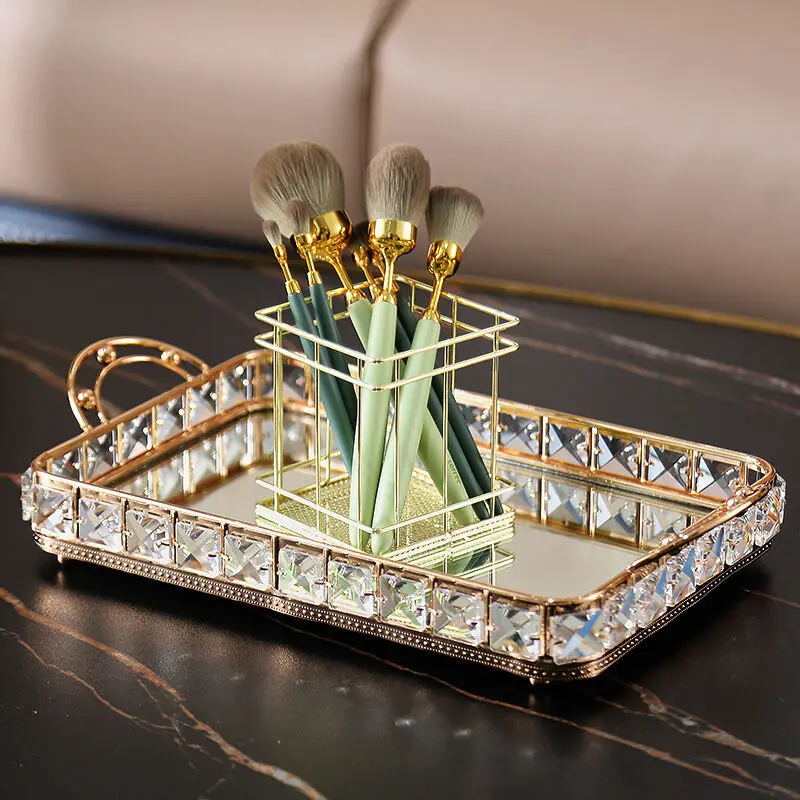 Antique Metal Bathroom Accessories Organizer home crystal gold mirrored serving tray decorative