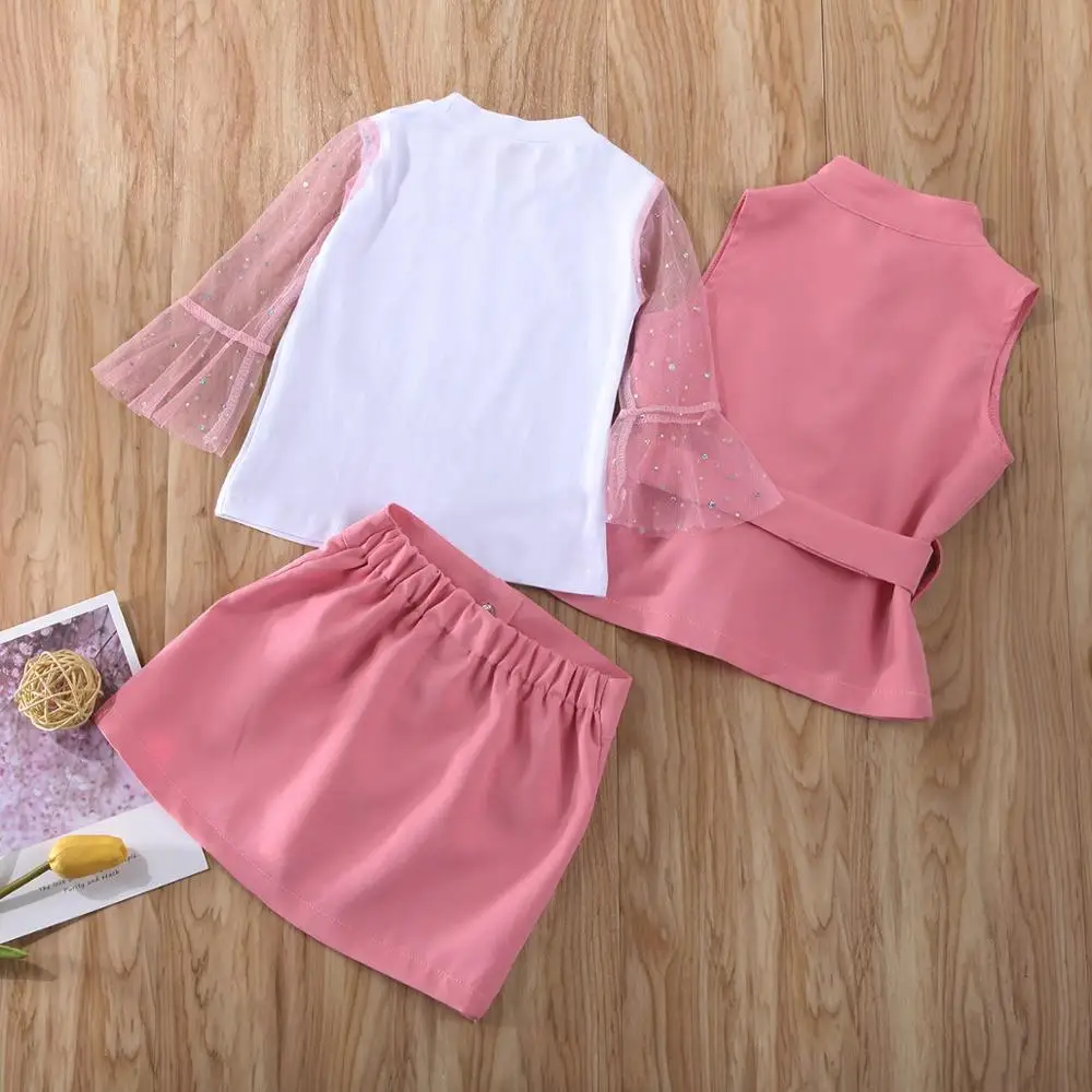 Elegant Girl Clothes 2020 Toddler Baby Kid Girls Set Vest Coat Lace Flare Sleeve +Vest Tops Shirt +Mini Skirts 3pcs Outfits