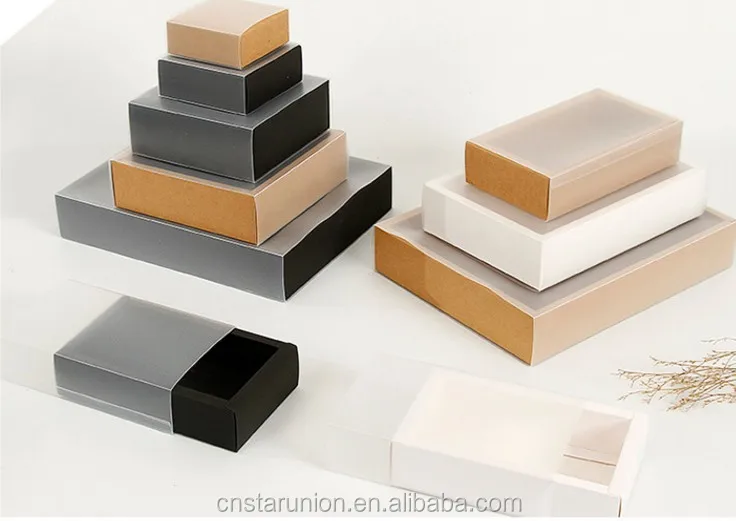 Wholesale Customize Kraft Paper Cardboard Sliding Box with Frosted PVC Sleeve for Cosmetic Soap Flower Gift Packaging Boxes